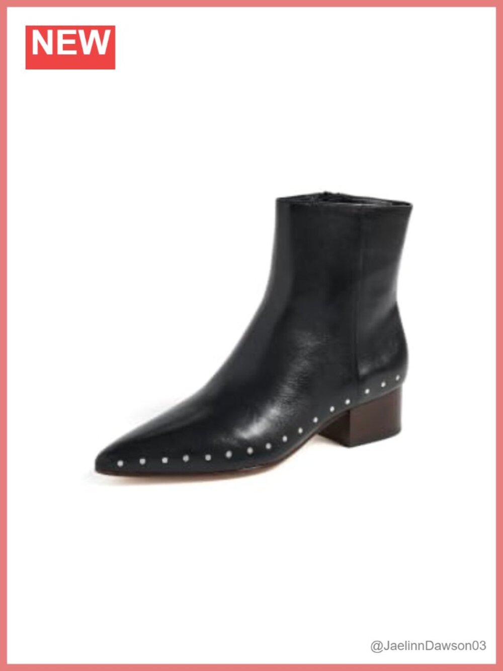 Studded Leather Bootie Ankle Boots Pointed Toe Stacked Heel Zip Closure